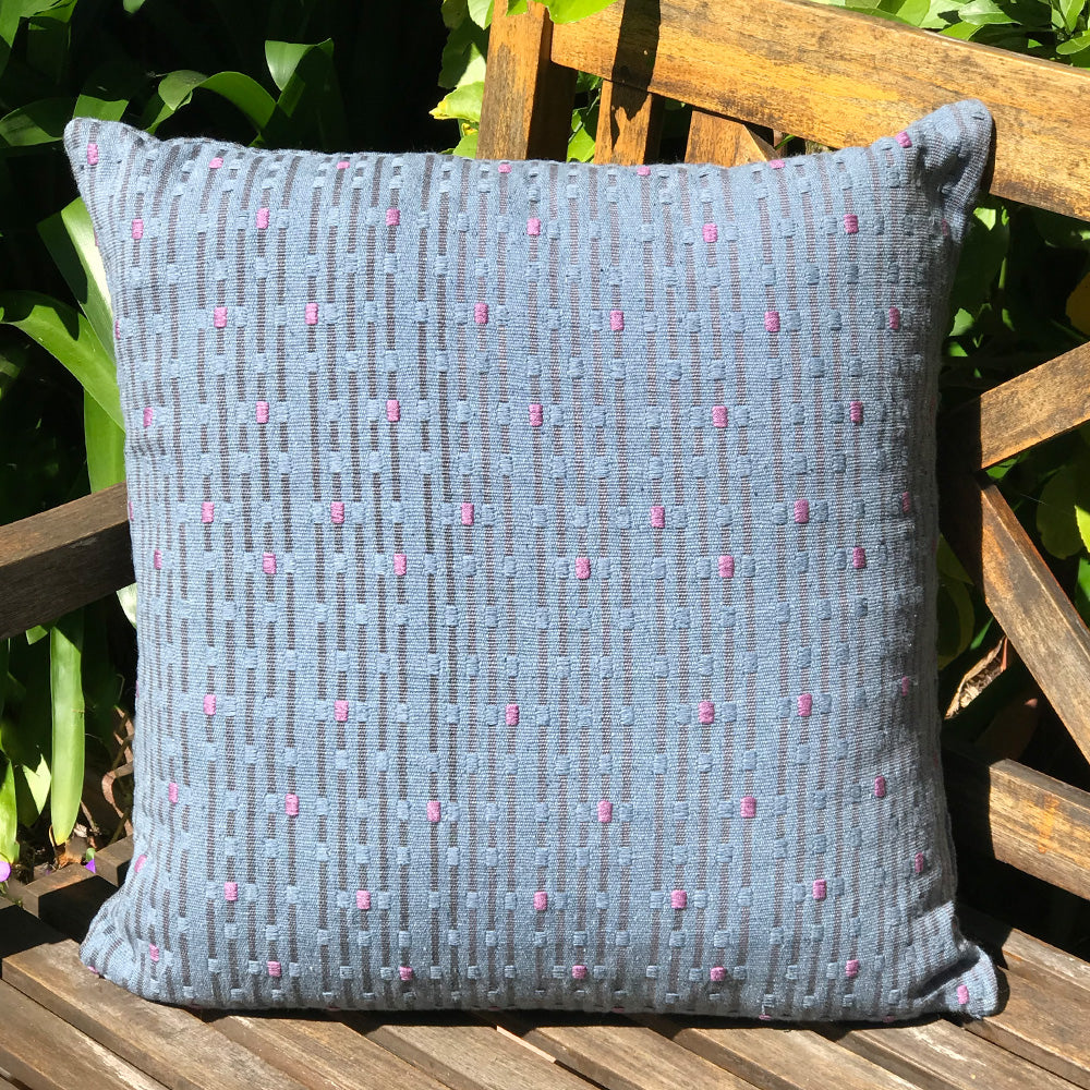Meg Cushion. Grey and Pink with rain drop design made with 100% organic cotton and natural dyes. Designed by Woven. Handmade in Guatemala.