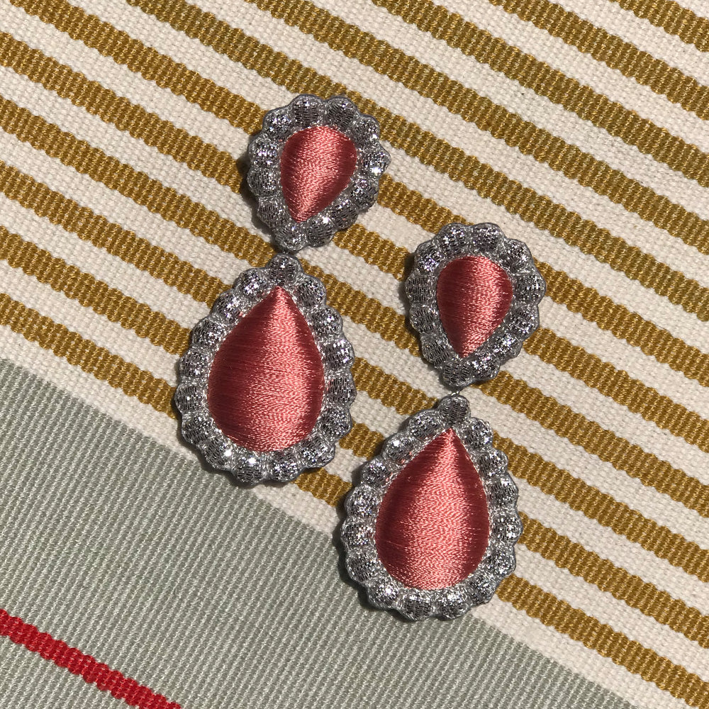 Silk embroidered earrings in Salmon. Designed by Sophia 203. Handmade in India.